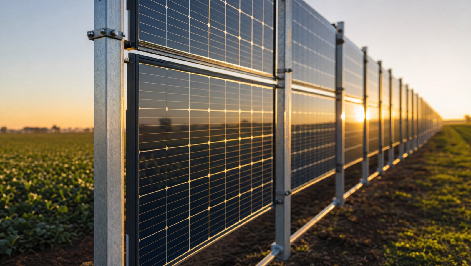 Detaliu gard solar HelioFence la apus: panouri bifaciale verticale între stâlpi zincați, la marginea unui teren agricol