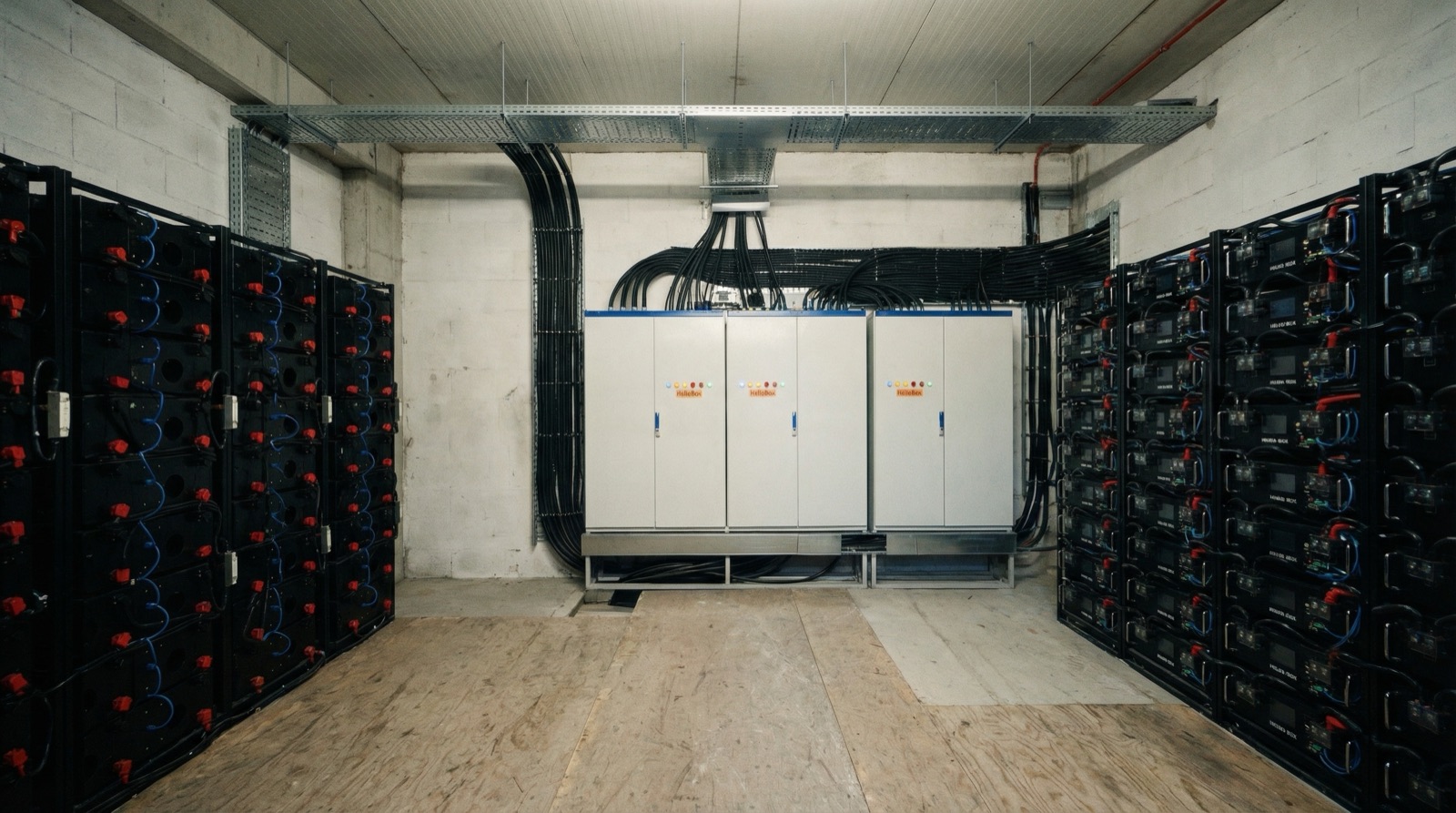 Interiorul containerului: rack-uri de baterii și cabinete de control